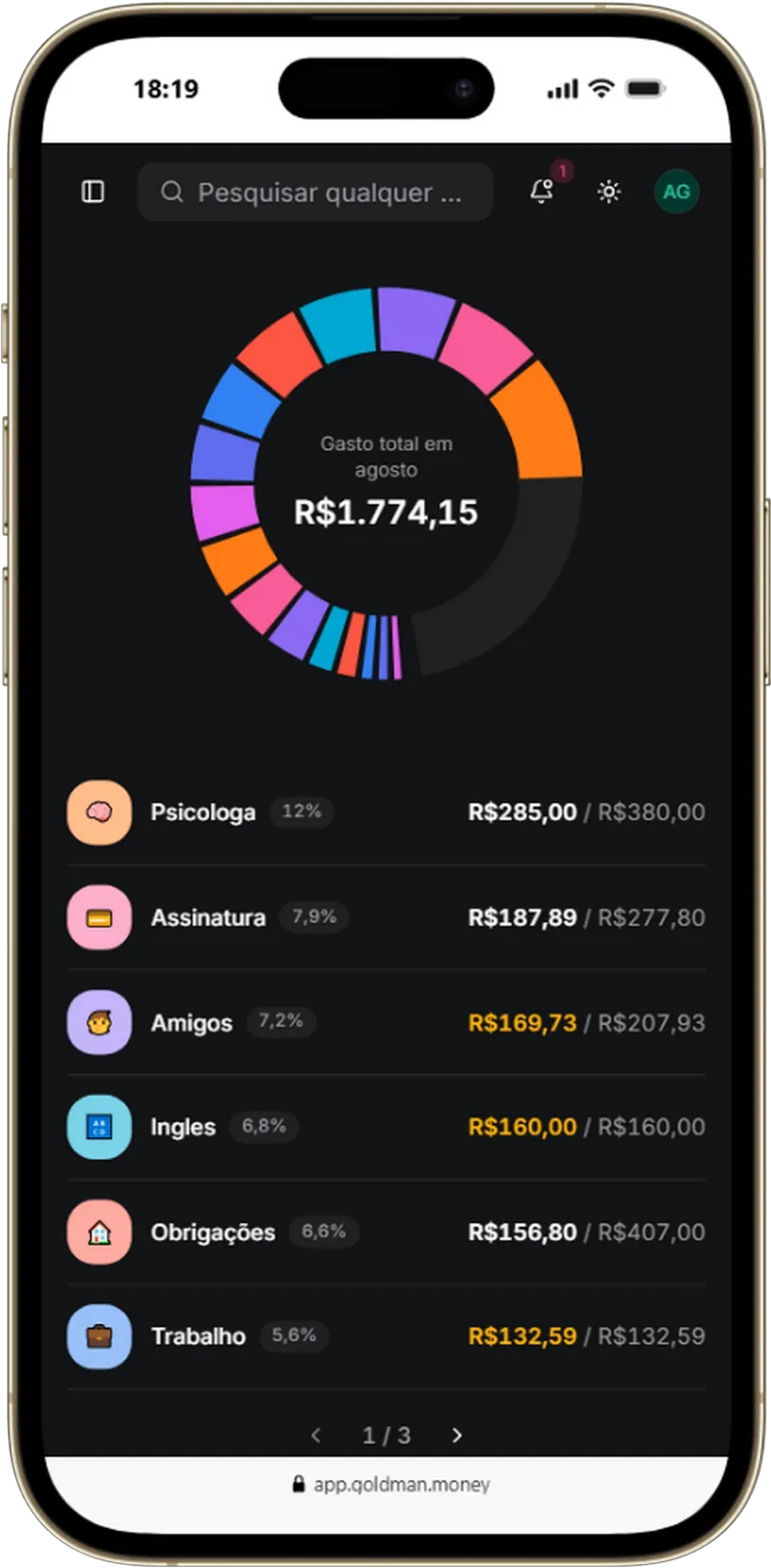 Resumo do orçamento do Goldman Money em um iPhone.