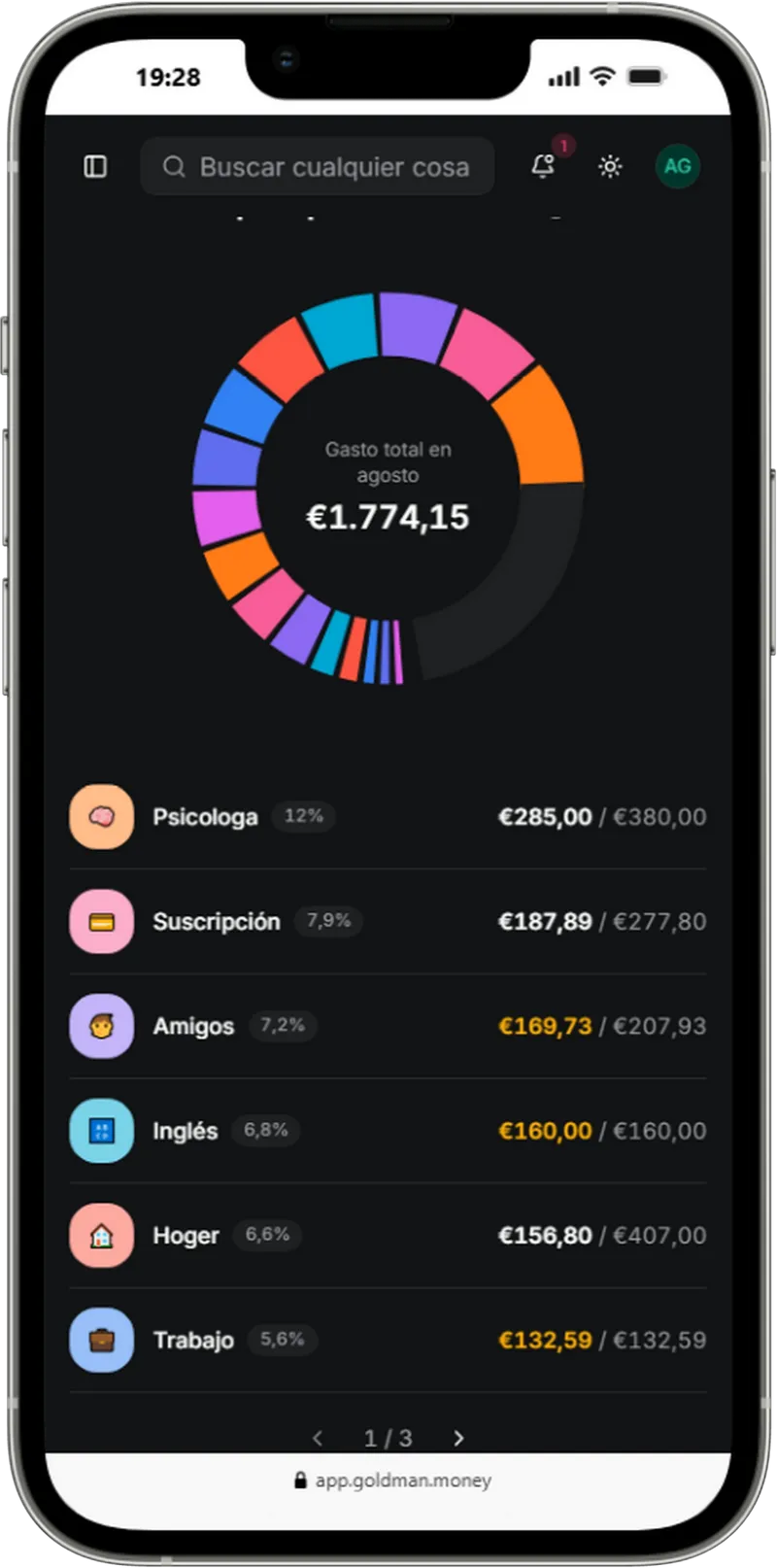 Presupuesto por sobres en Goldman Money en un iPhone.