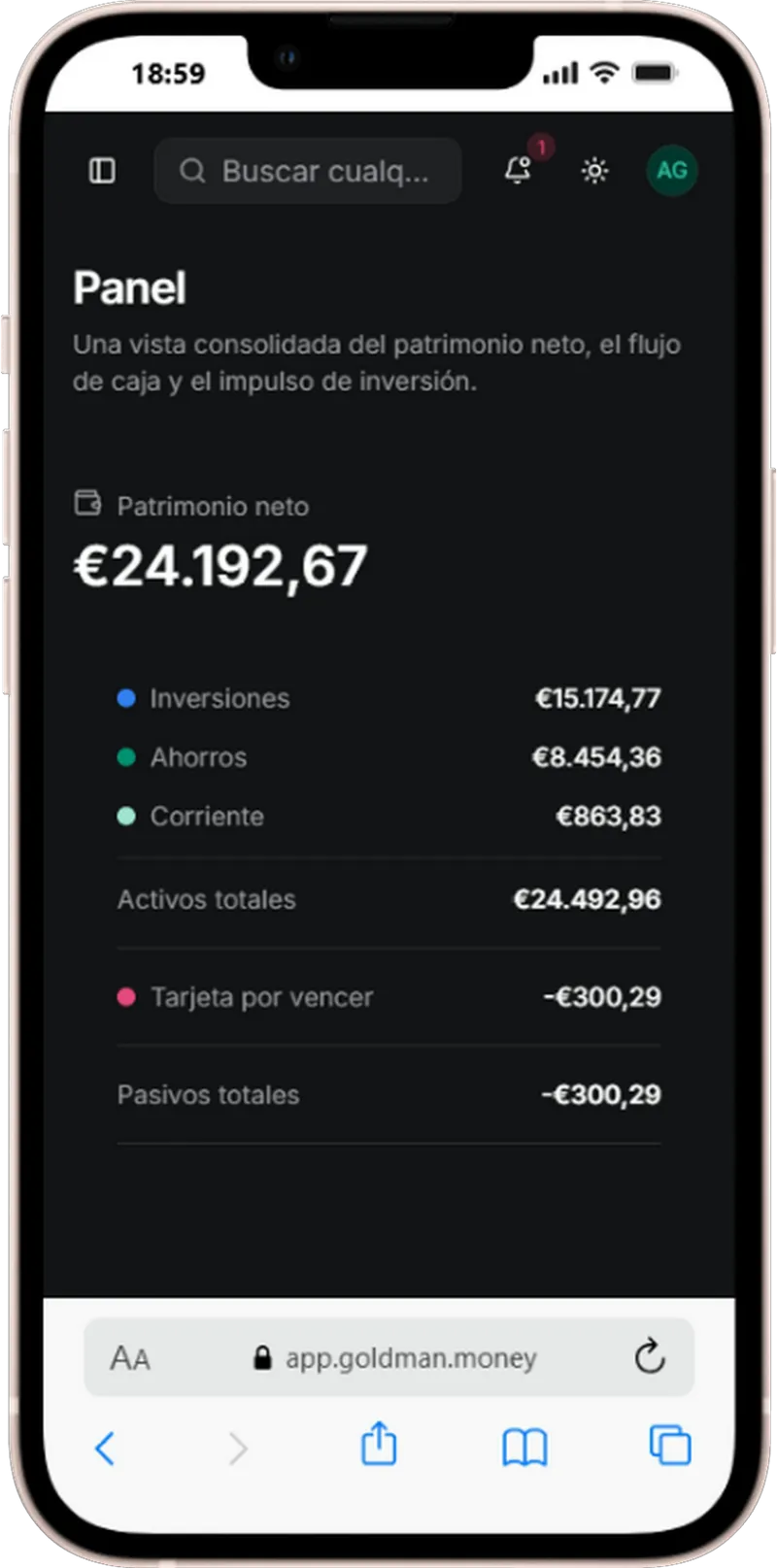 Patrimonio en Goldman Money en un iPhone.