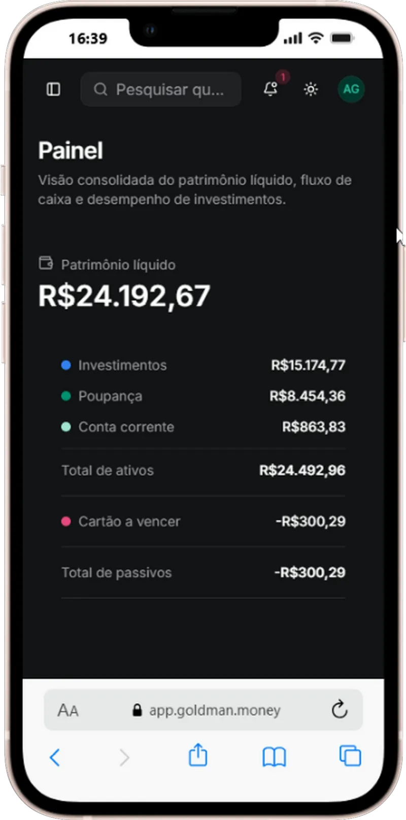 Visão geral do Goldman Money em um iPhone.