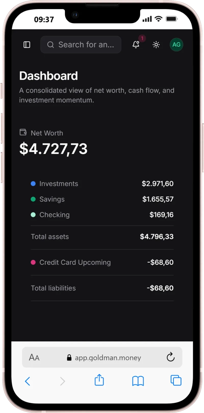 Goldman Money net worth overview on an iPhone.