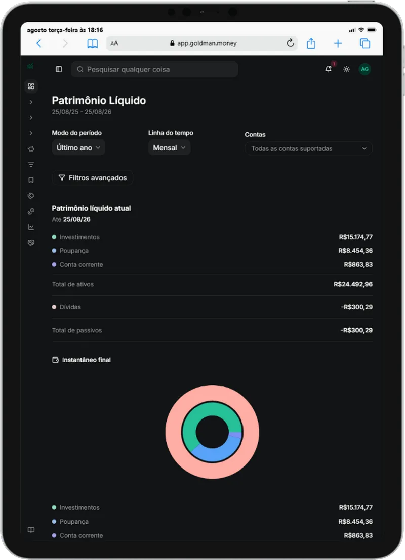 Evolução do patrimônio no Goldman Money em um iPad.