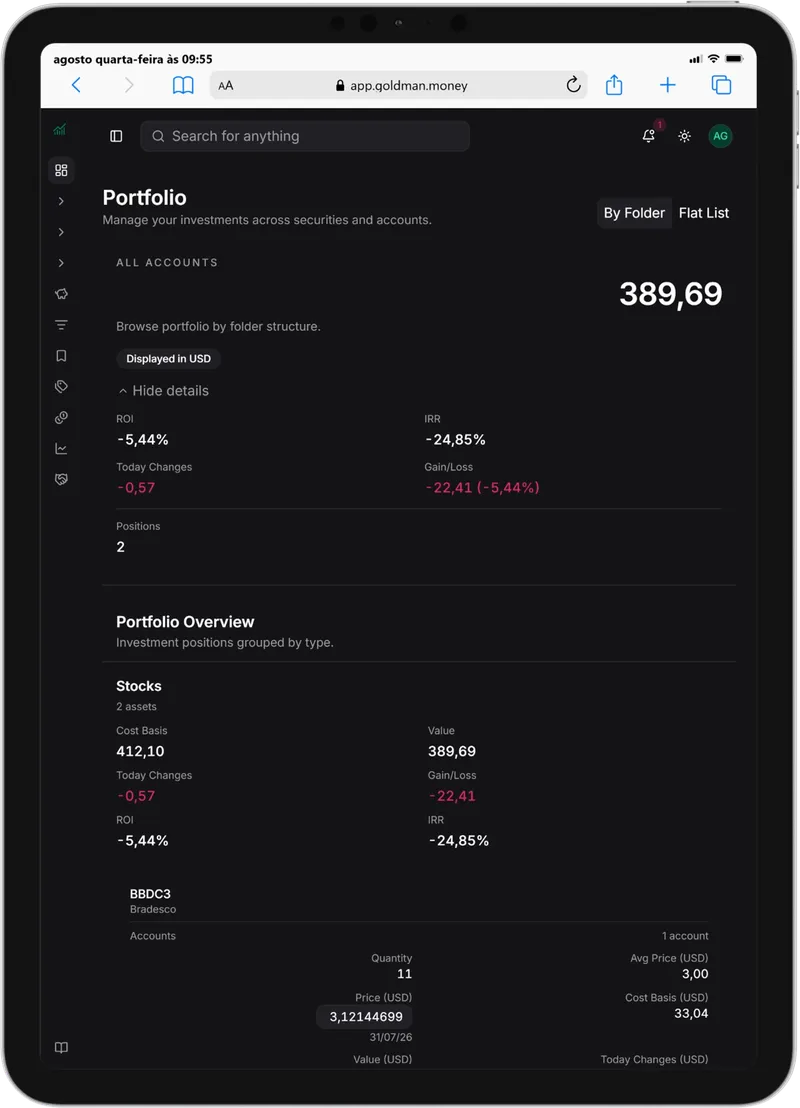 Goldman Money investment portfolio on an iPad.