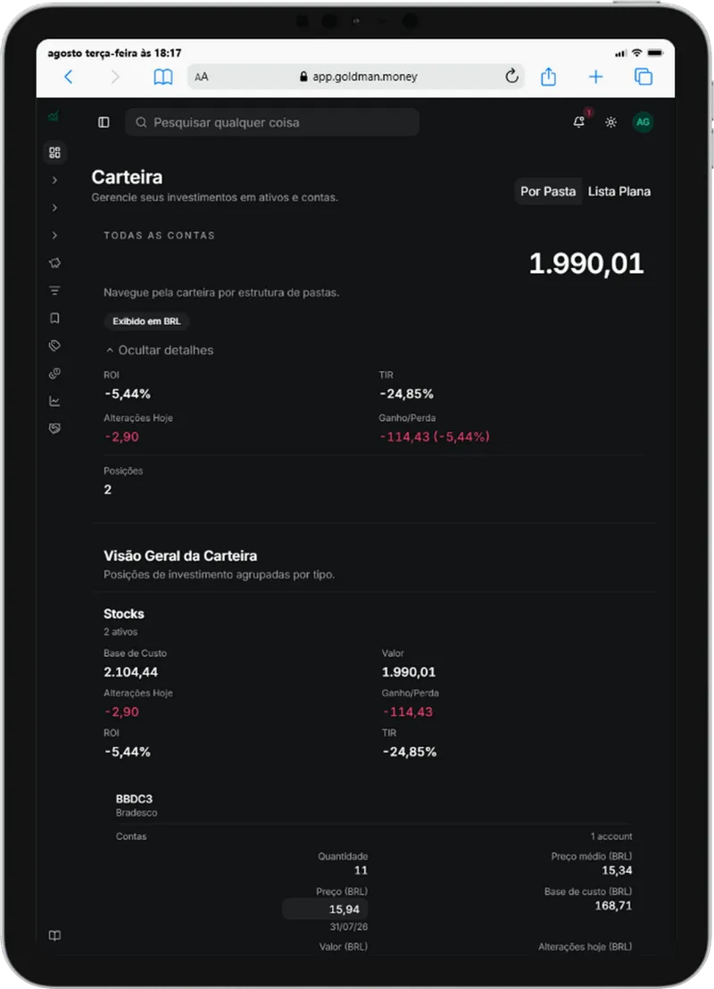 Carteira de investimentos do Goldman Money em um iPad.