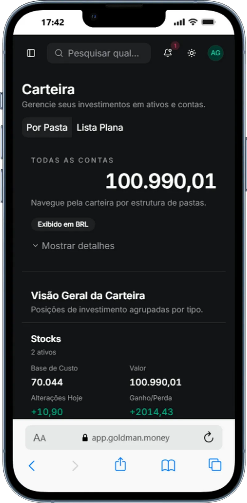 Carteira de investimentos no Goldman Money em um iPhone.