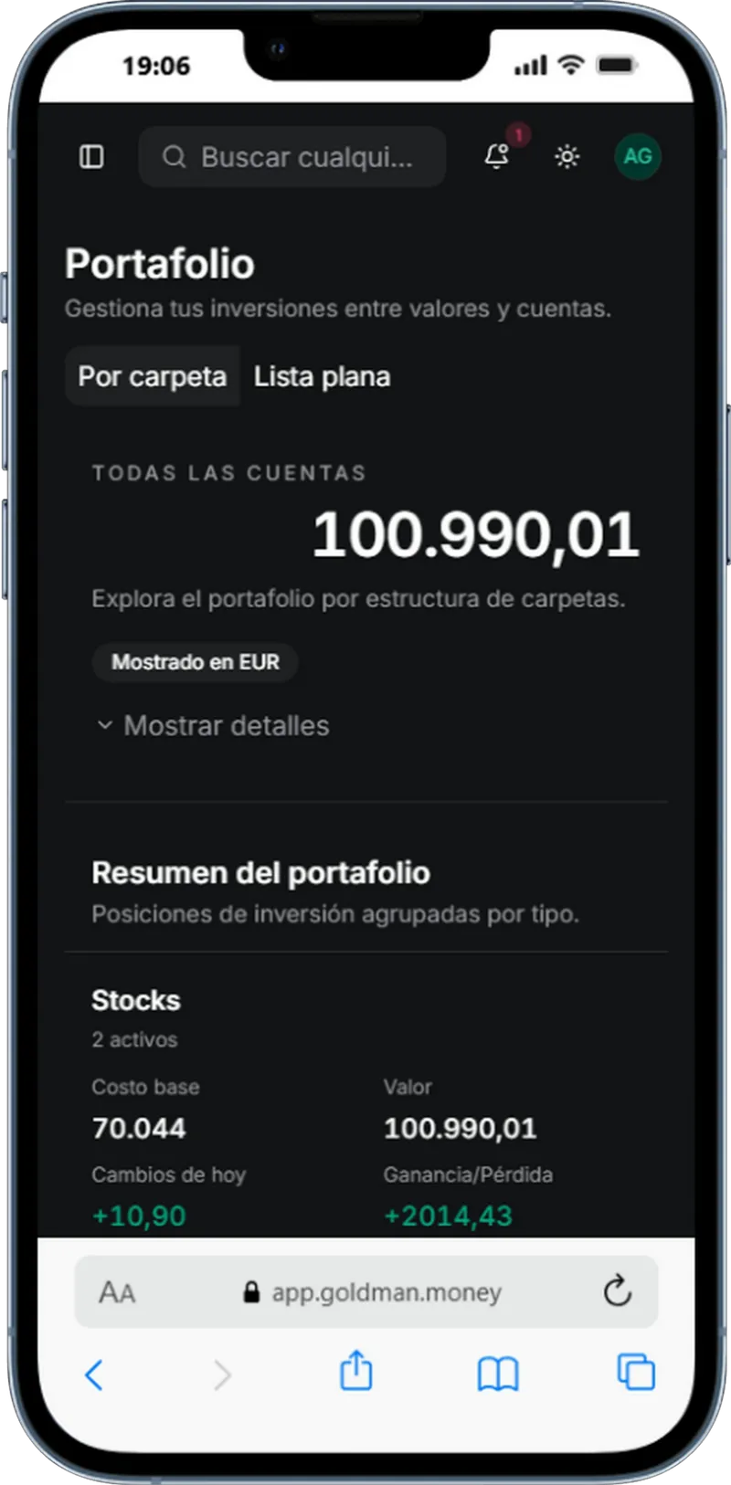 Cartera de inversiones en Goldman Money en un iPhone.