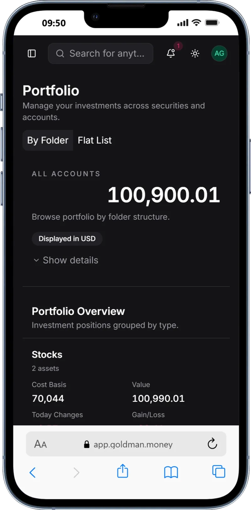 Investment portfolio in Goldman Money on an iPhone.